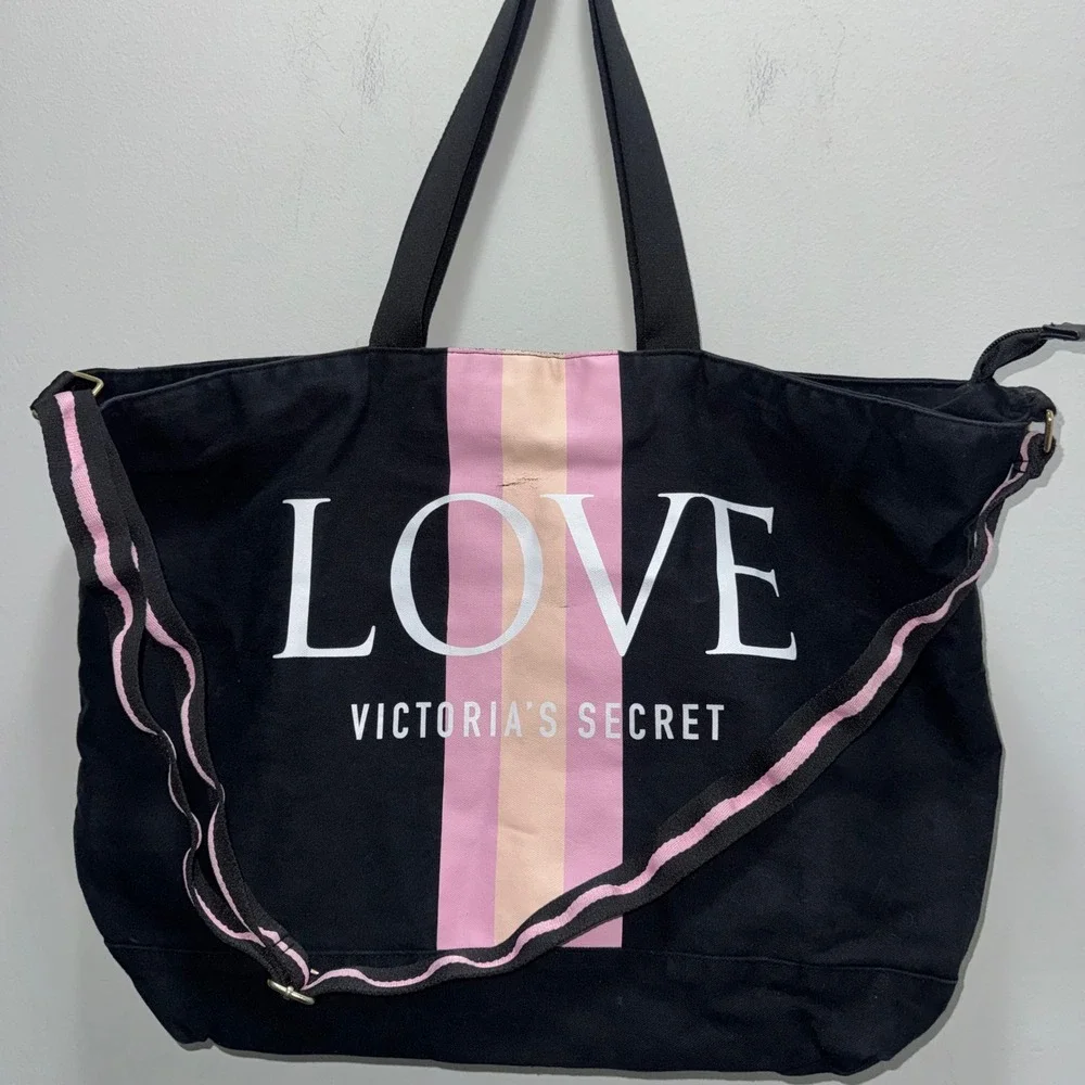 Victoria's Secret LOVE Weekender Tote Bag Black Pink Stripe Travel Gym Duffel